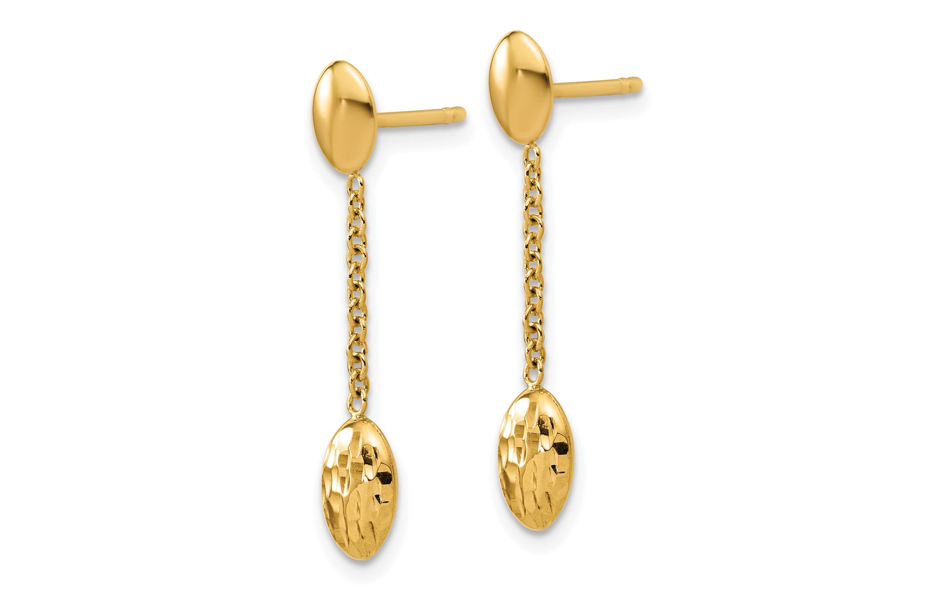 14K Yellow Gold Polished and Diamond-cut Oval Fancy Dangle Post Earrings