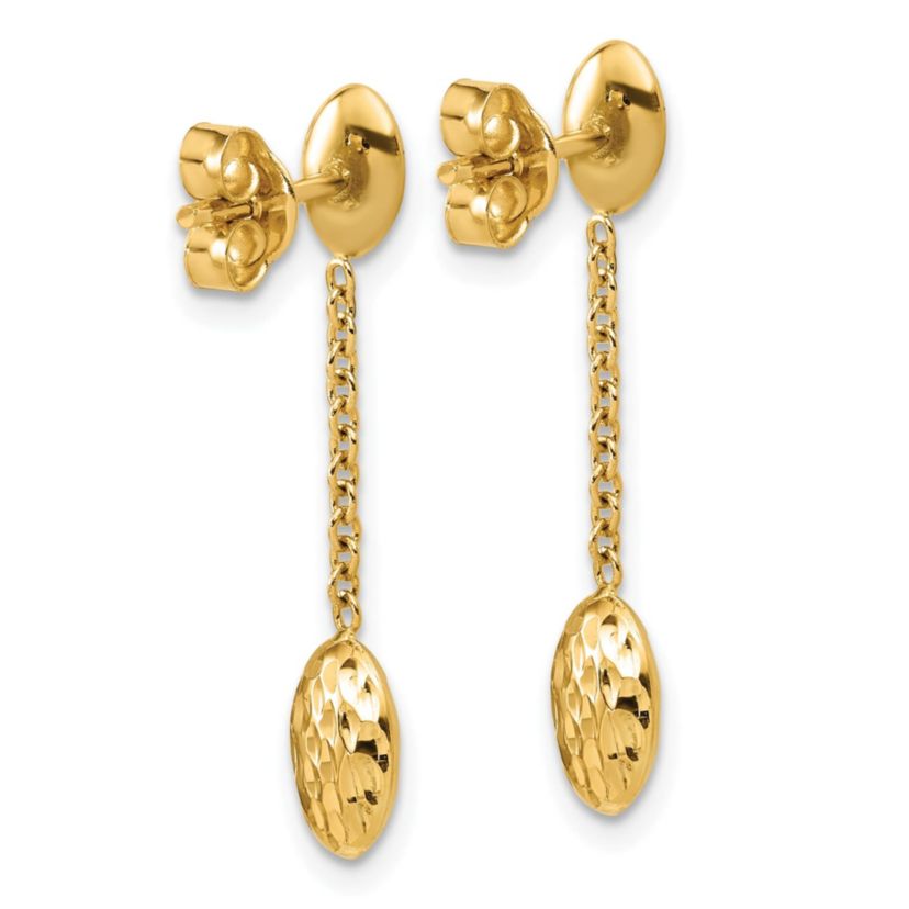 14K Yellow Gold Polished and Diamond-cut Oval Fancy Dangle Post Earrings