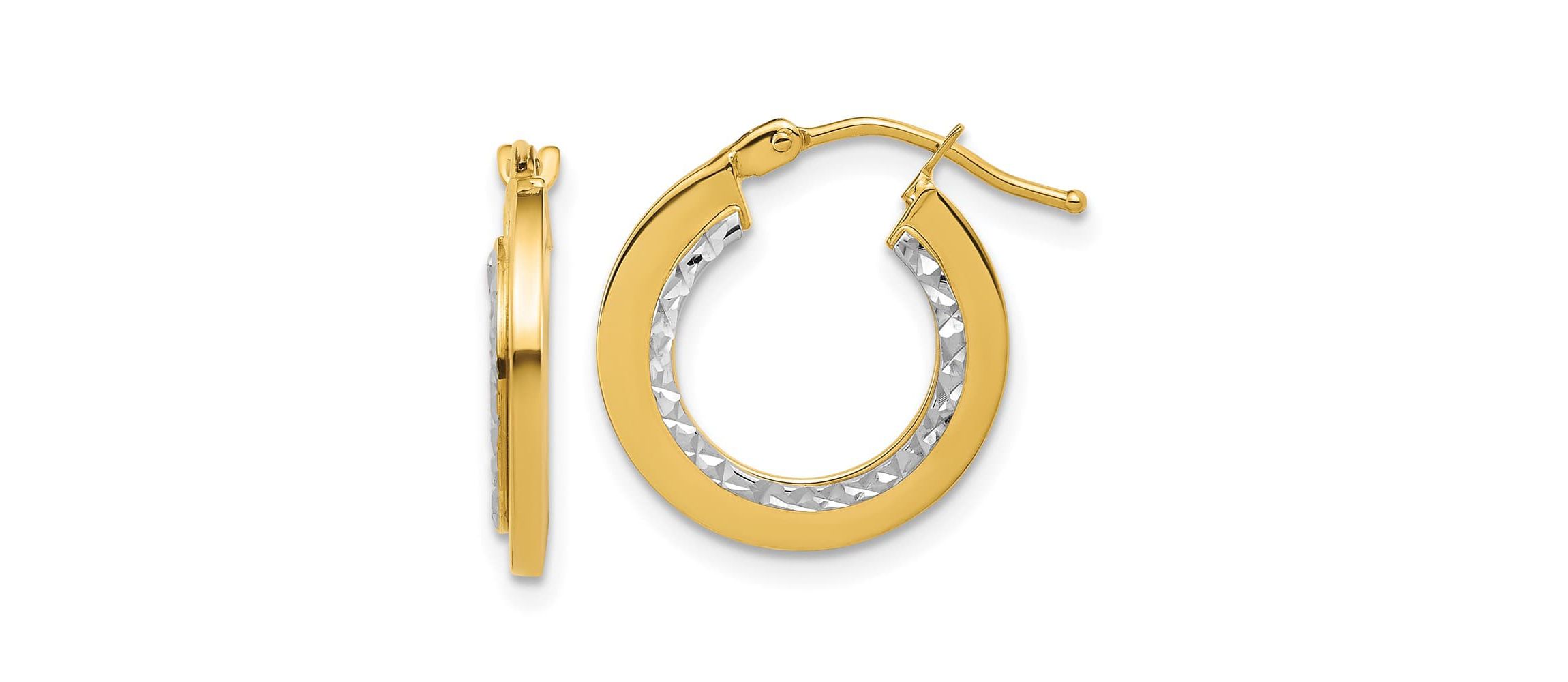 14K Yellow Gold with White Rhodium Polished and Diamond-cut Round Hoop Earrings