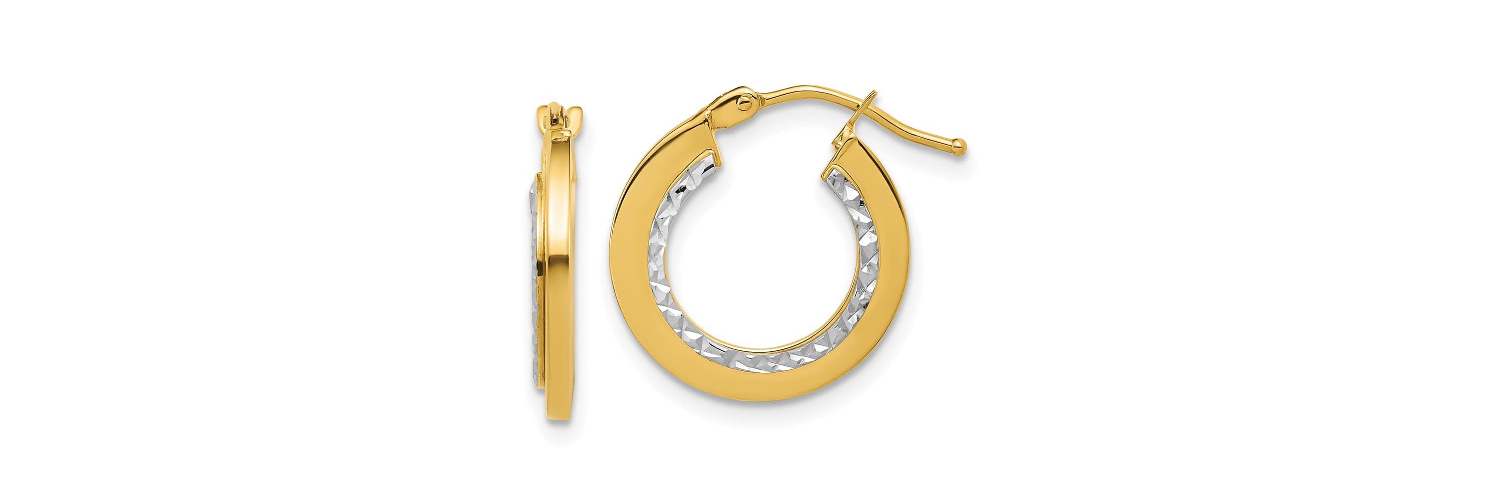 14K Yellow Gold with White Rhodium Polished and Diamond-cut Round Hoop Earrings