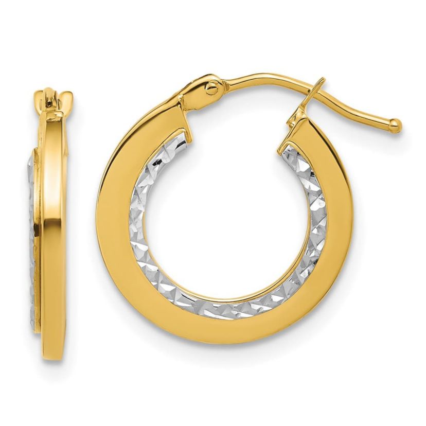 14K Yellow Gold with White Rhodium Polished and Diamond-cut Round Hoop Earrings