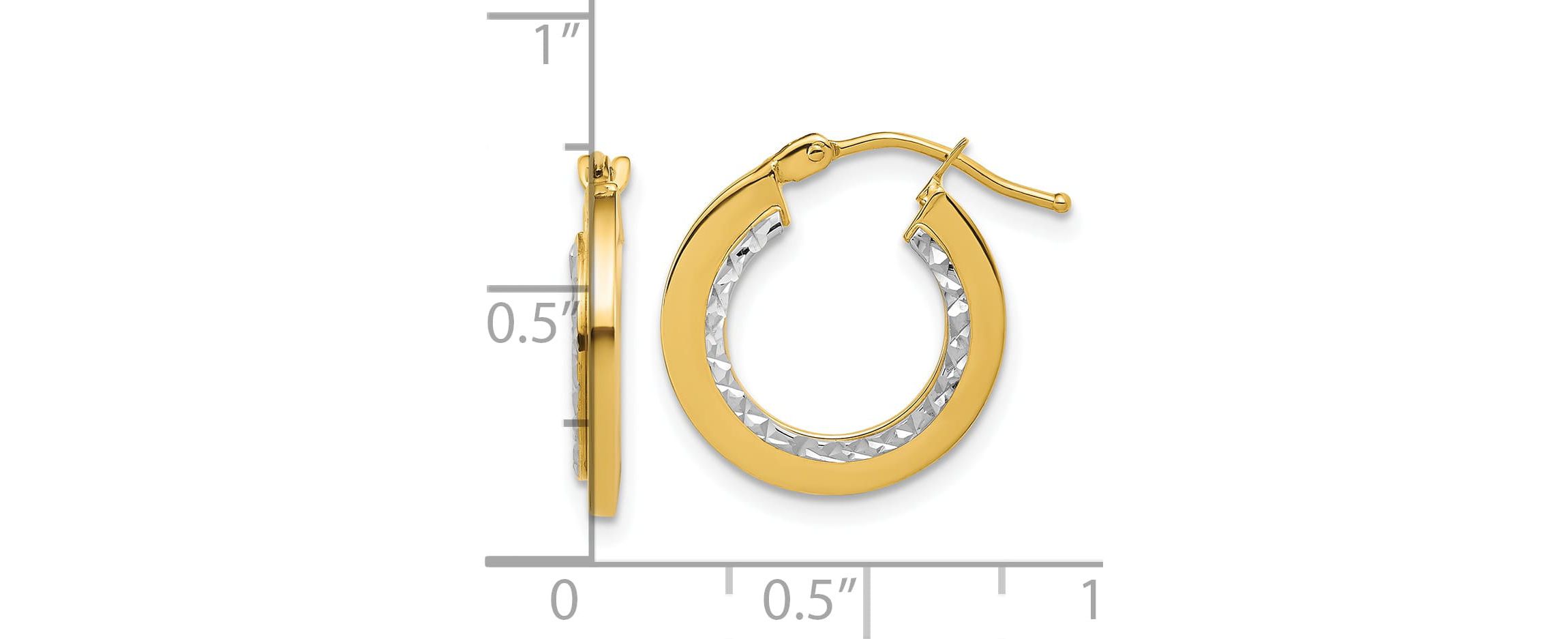 14K Yellow Gold with White Rhodium Polished and Diamond-cut Round Hoop Earrings