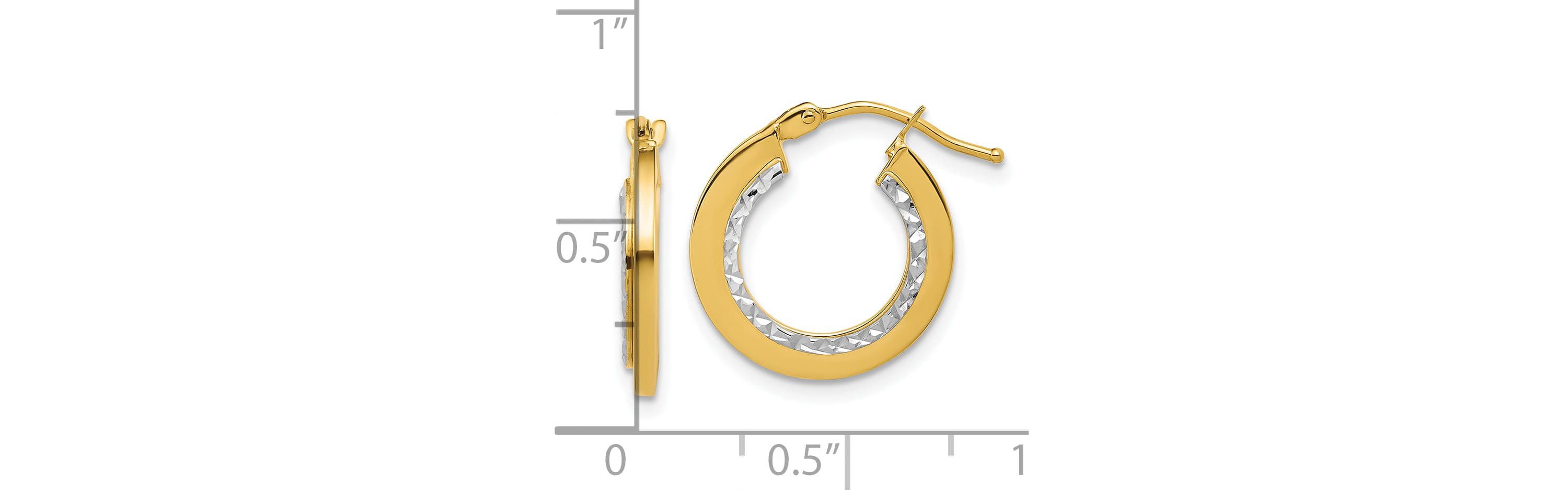 14K Yellow Gold with White Rhodium Polished and Diamond-cut Round Hoop Earrings