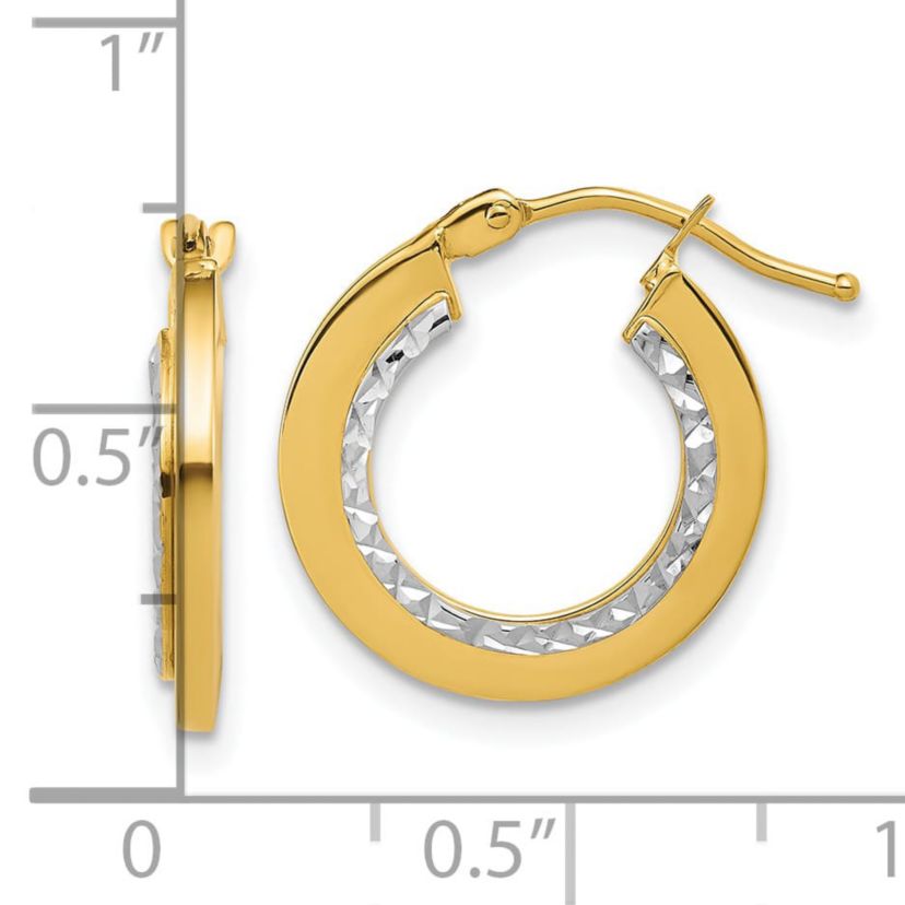 14K Yellow Gold with White Rhodium Polished and Diamond-cut Round Hoop Earrings