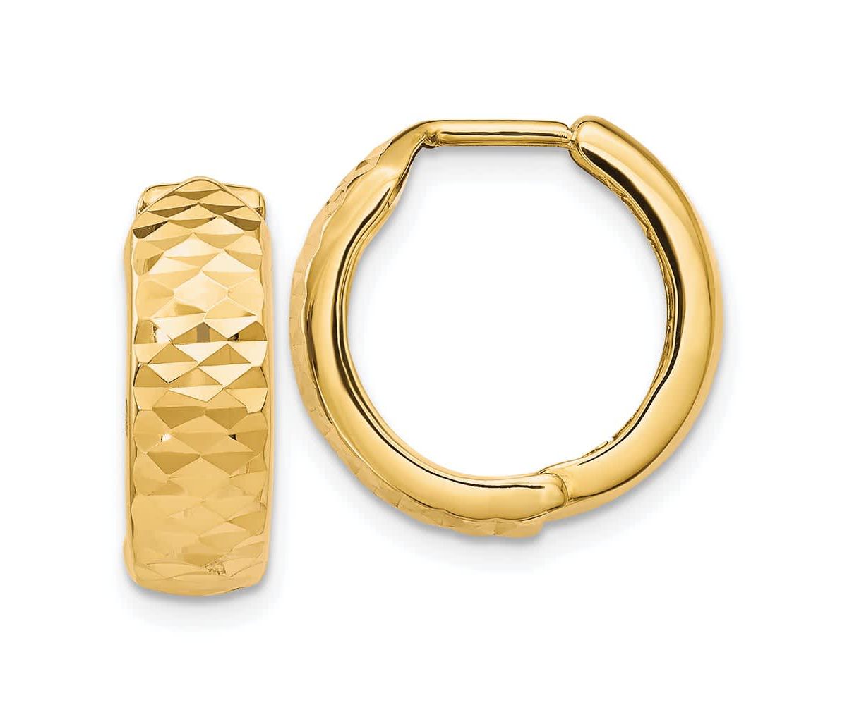 14K Yellow Gold Polished and Diamond-cut Hinged Hoop Earrings