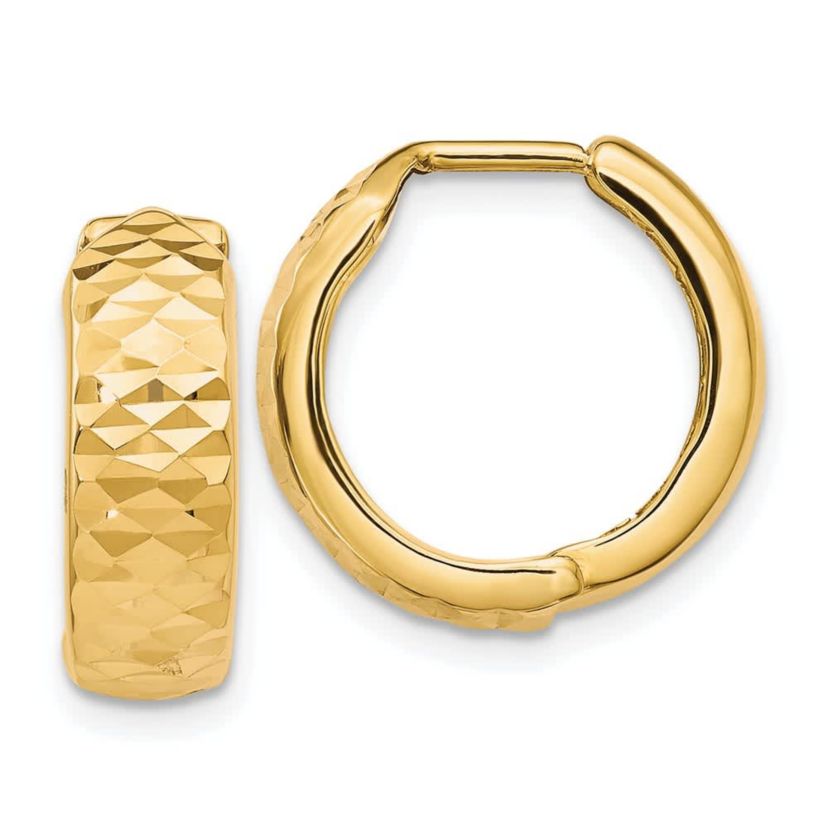 14K Yellow Gold Polished and Diamond-cut Hinged Hoop Earrings