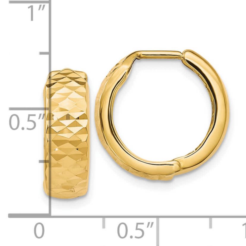 14K Yellow Gold Polished and Diamond-cut Hinged Hoop Earrings