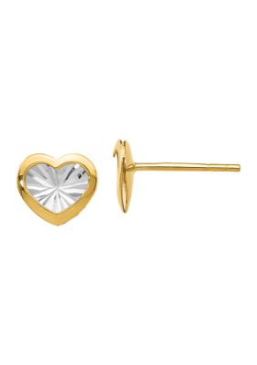 14K Yellow Gold with White Rhodium Polished and Diamond Cut Heart Post Earrings