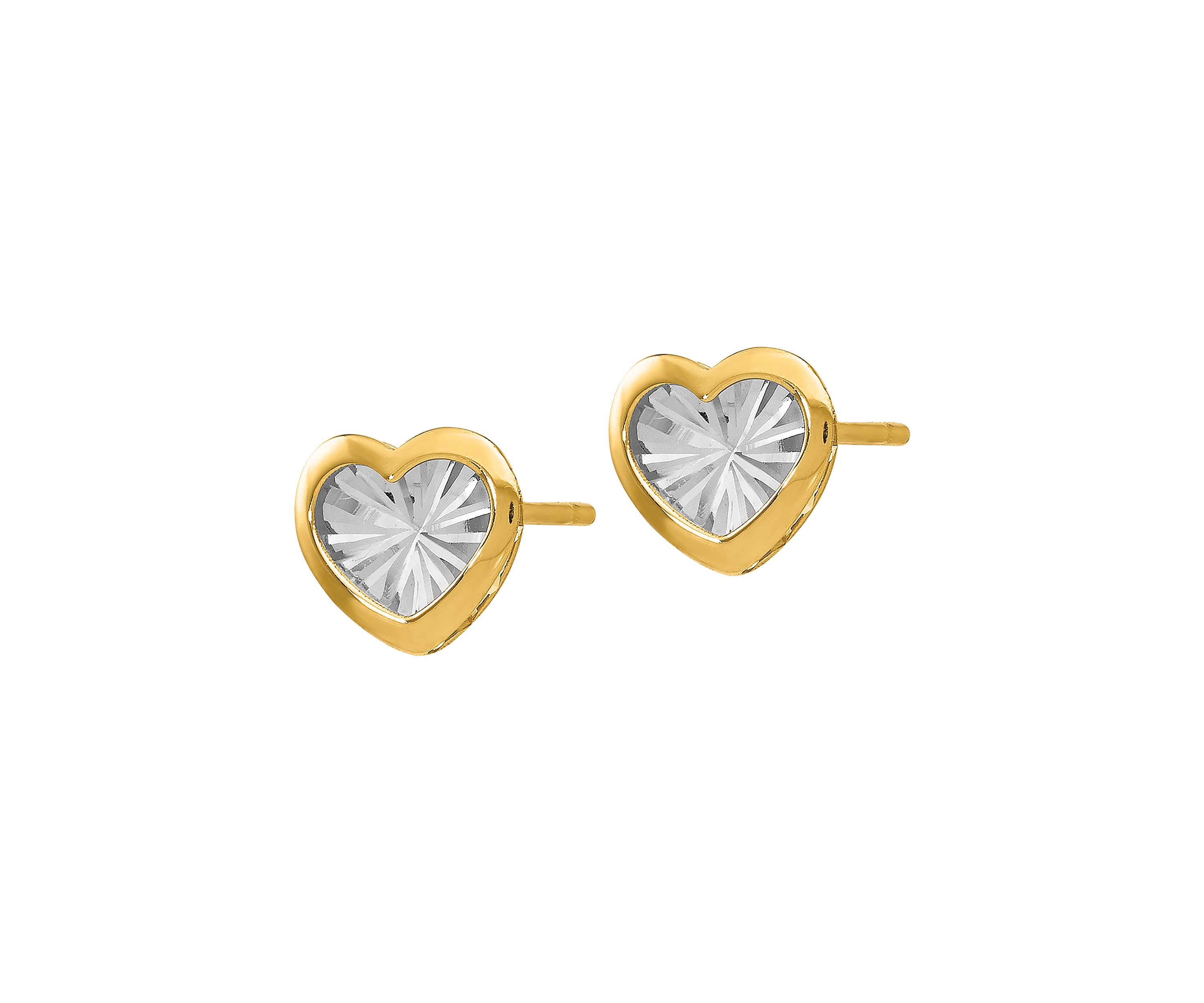 14K Yellow Gold with White Rhodium Polished and Diamond Cut Heart Post Earrings