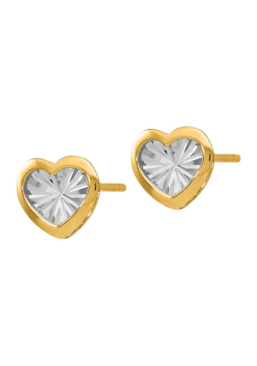 14K Yellow Gold with White Rhodium Polished and Diamond Cut Heart Post Earrings