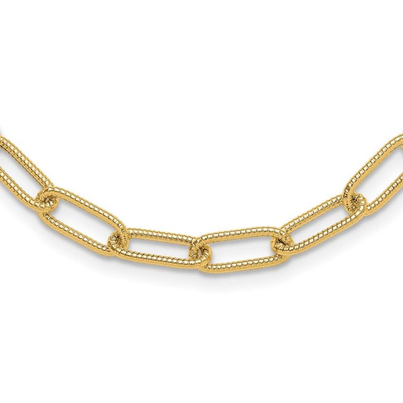14K Yellow Gold Polished Textured Oval Link Necklace