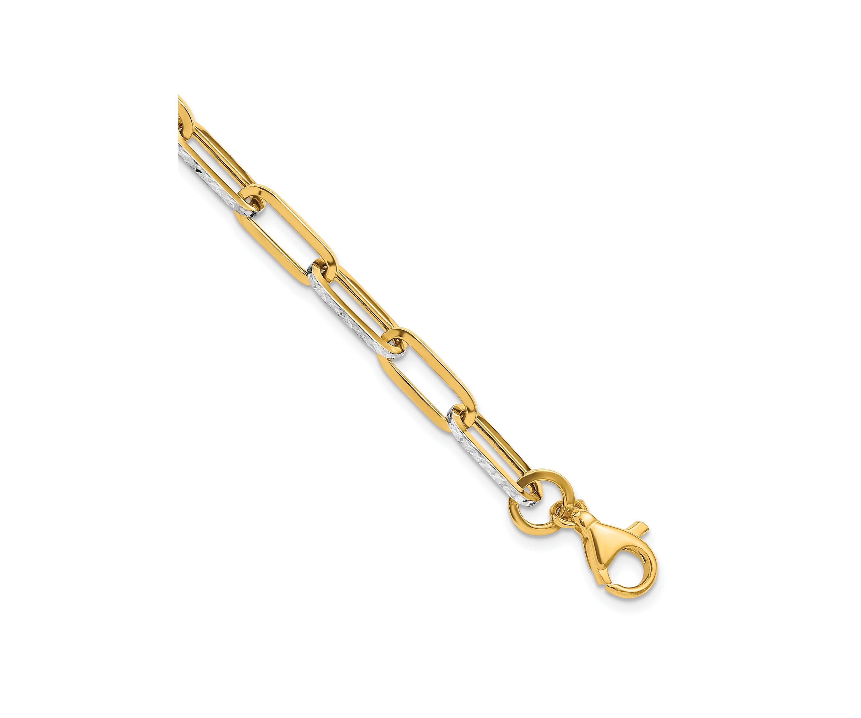 14K Yellow Gold with White Rhodium Polished and Diamond Cut Link Bracelet