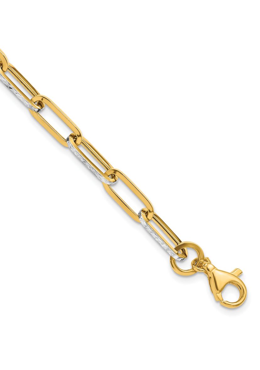 14K Yellow Gold with White Rhodium Polished and Diamond Cut Link Bracelet