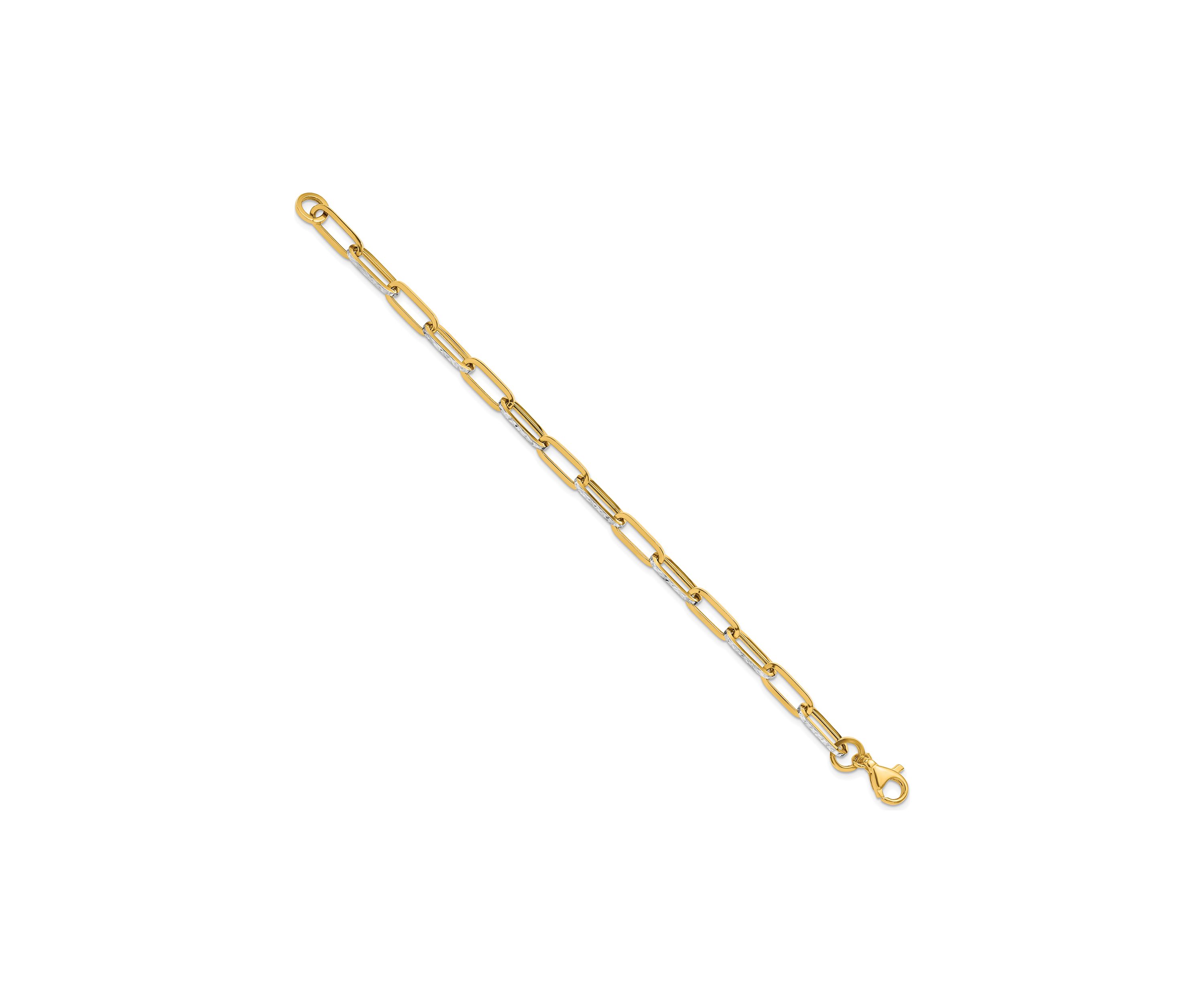14K Yellow Gold with White Rhodium Polished and Diamond Cut Link Bracelet