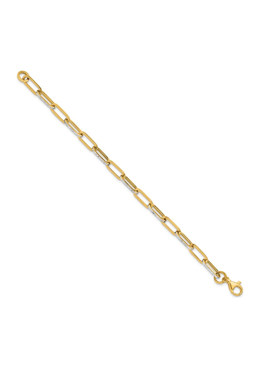 14K Yellow Gold with White Rhodium Polished and Diamond Cut Link Bracelet