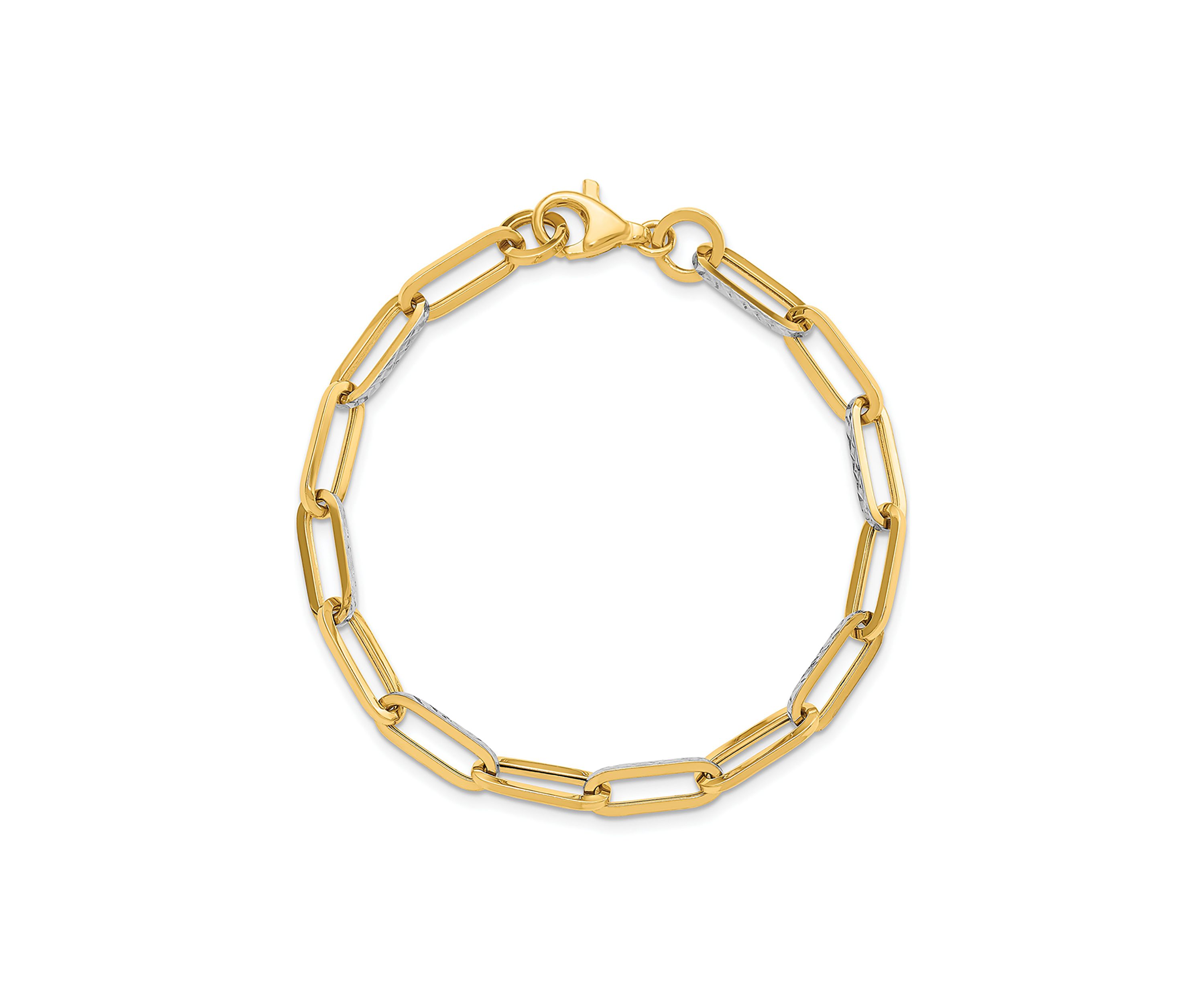 14K Yellow Gold with White Rhodium Polished and Diamond Cut Link Bracelet