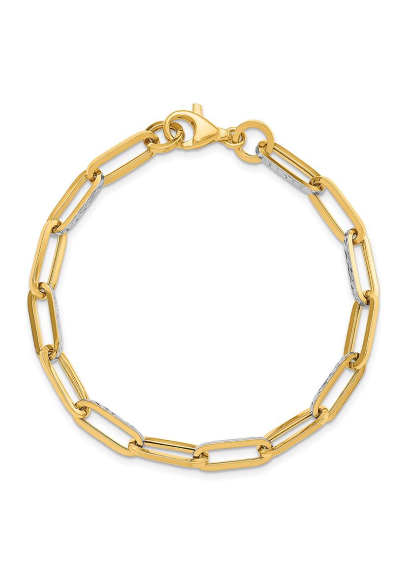 14K Yellow Gold with White Rhodium Polished and Diamond Cut Link Bracelet