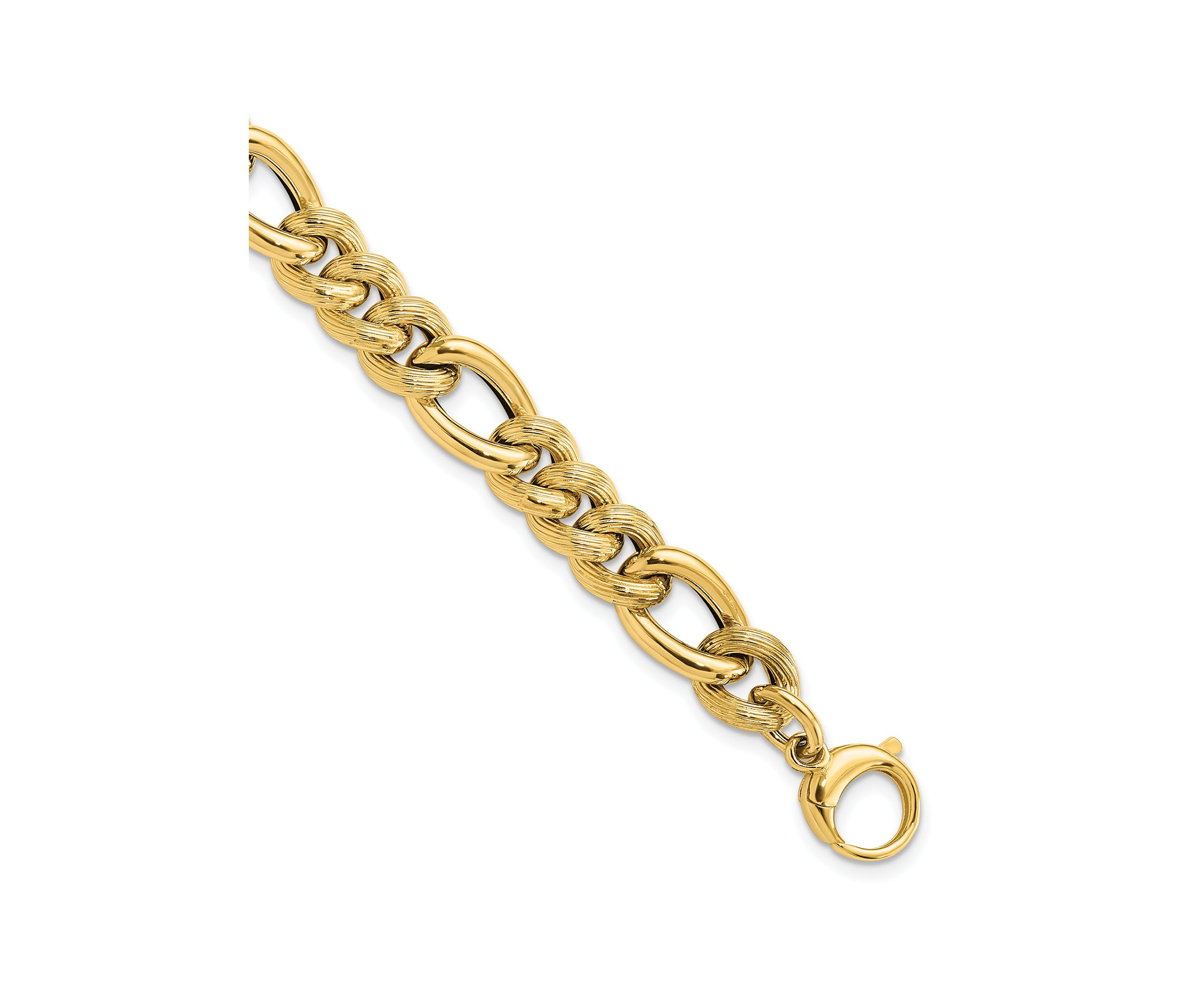 14K Yellow Gold Polished and Textured Hollow Fancy Link Bracelet