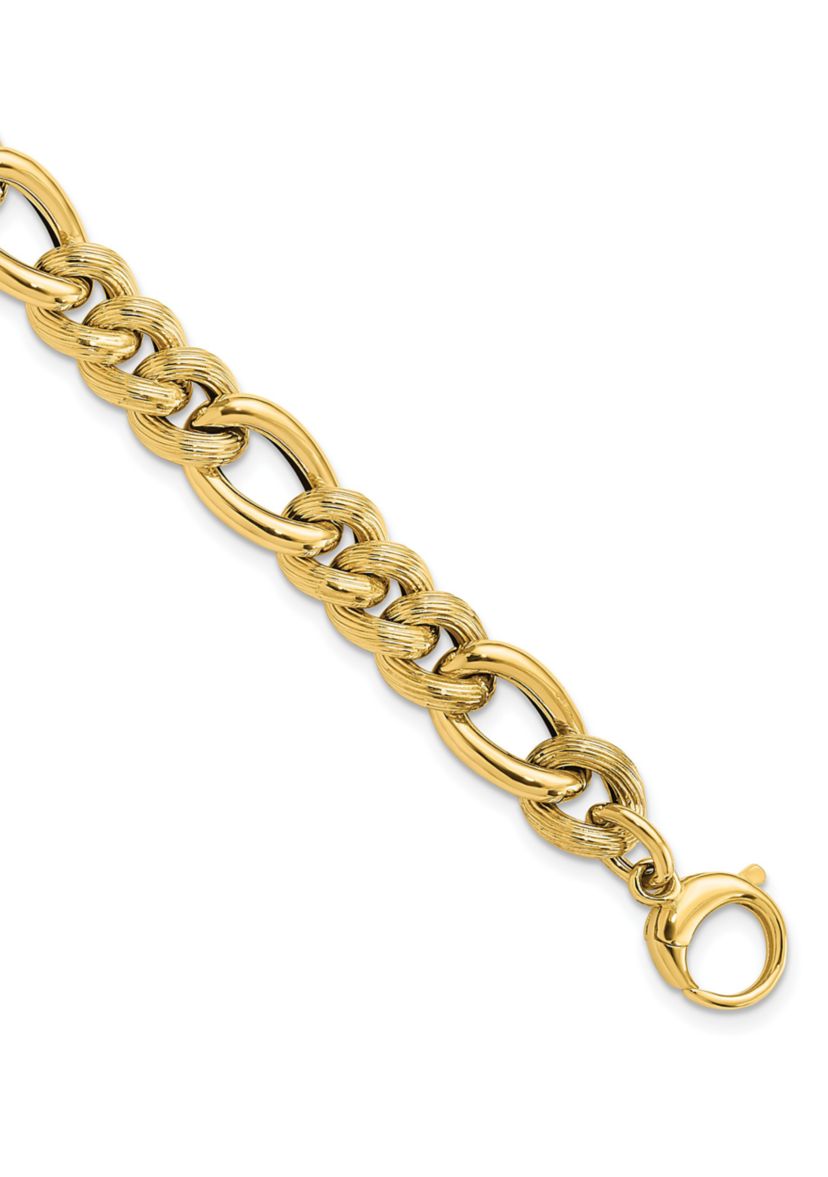 14K Yellow Gold Polished and Textured Hollow Fancy Link Bracelet