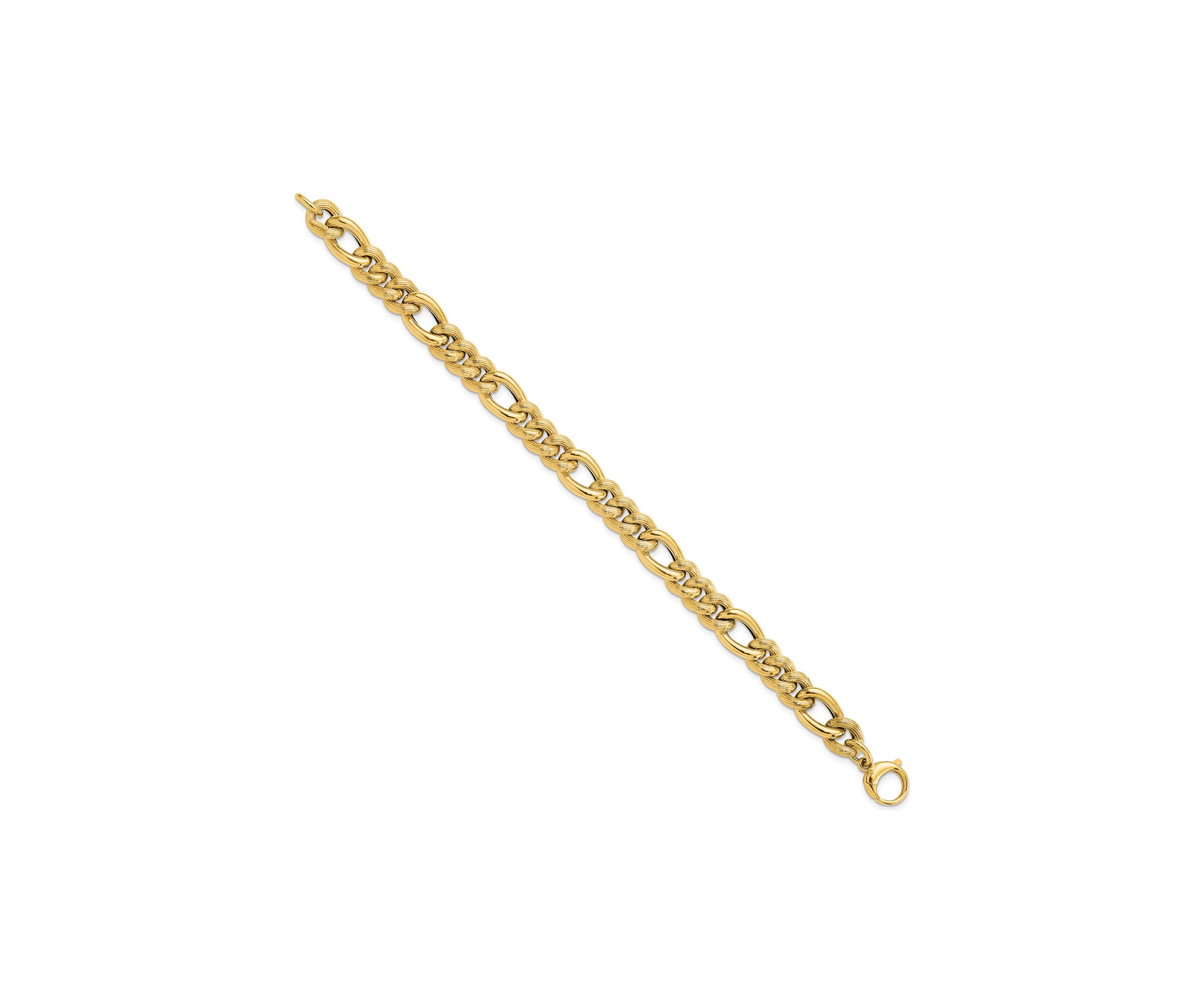 14K Yellow Gold Polished and Textured Hollow Fancy Link Bracelet