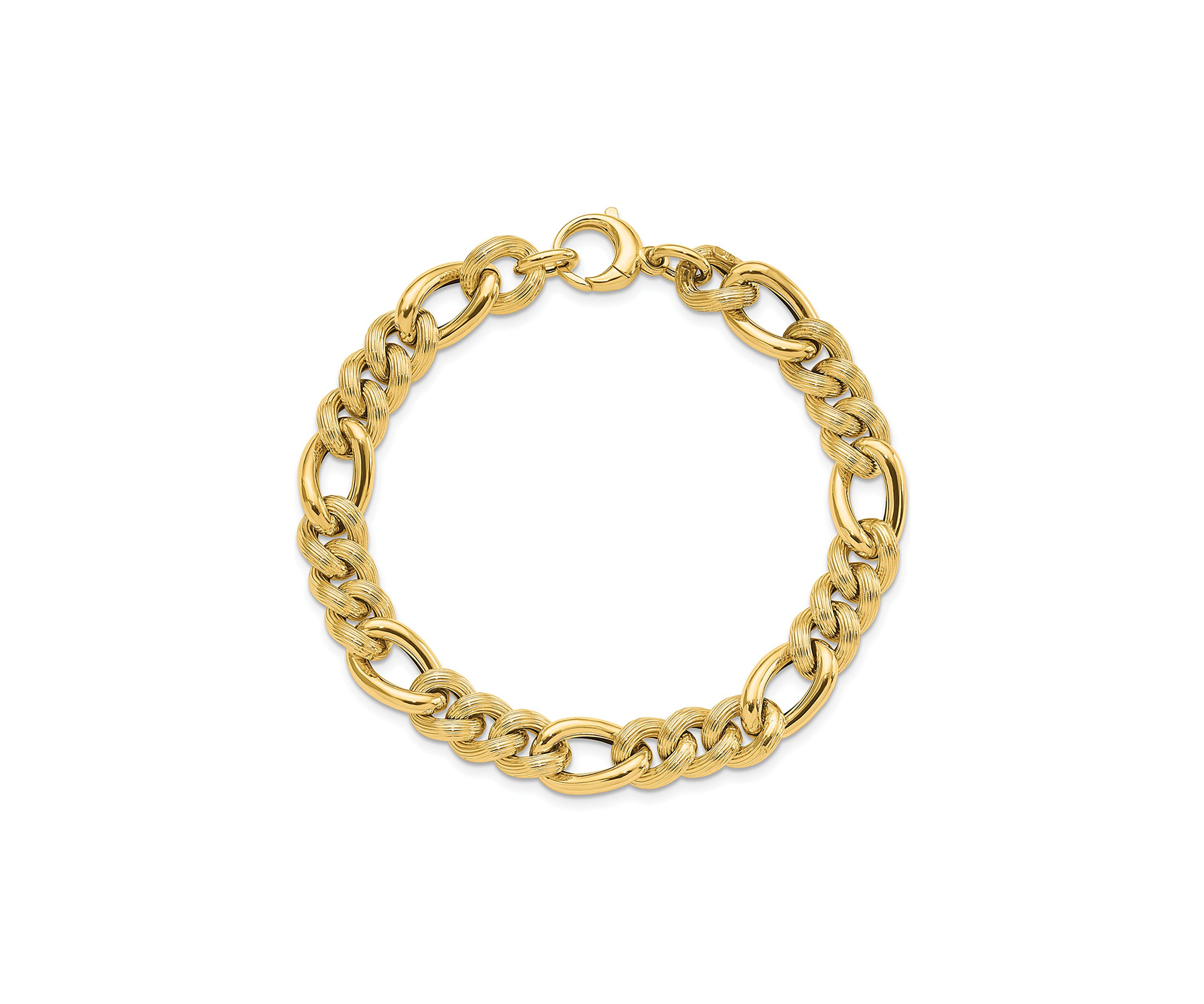 14K Yellow Gold Polished and Textured Hollow Fancy Link Bracelet