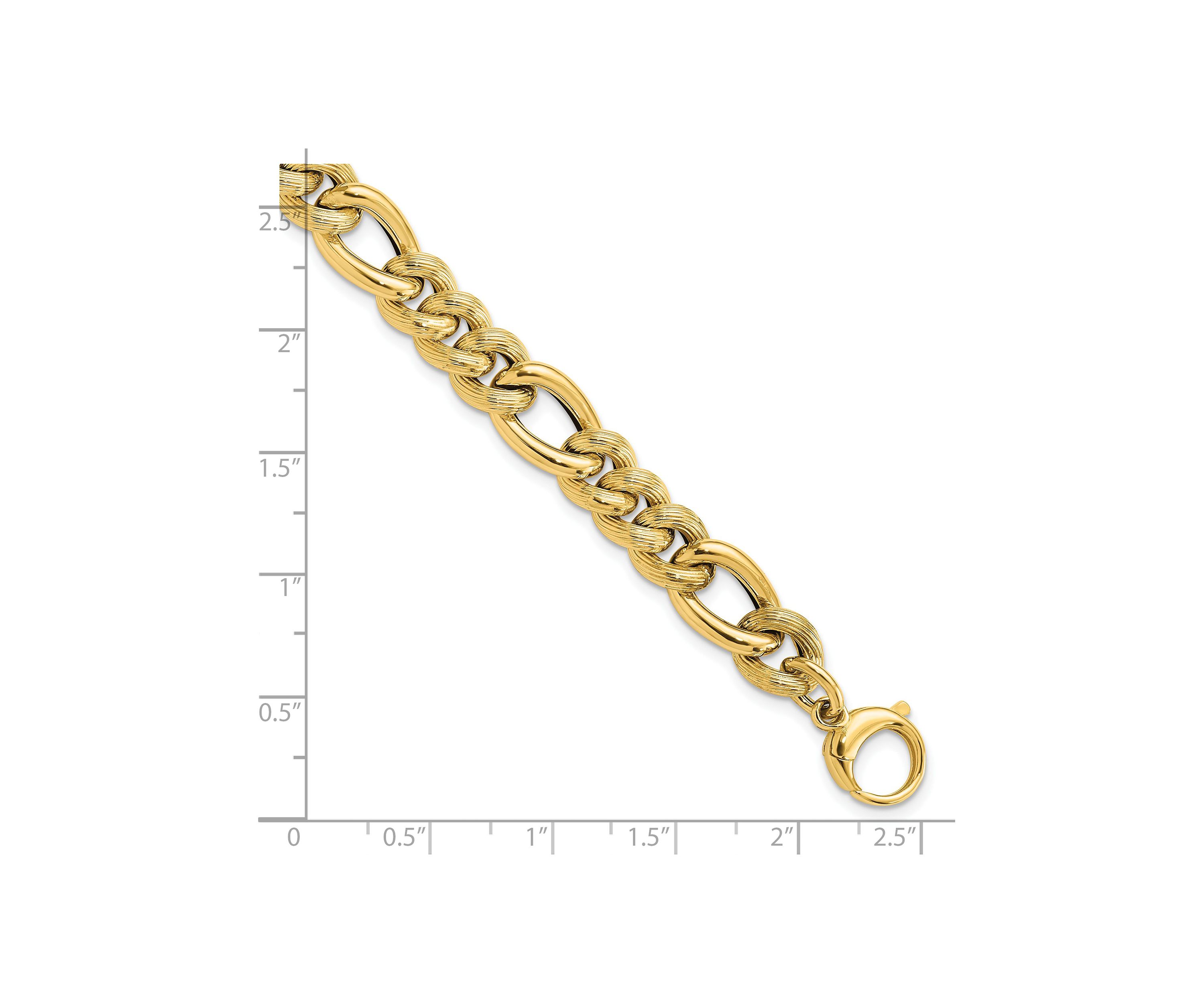 14K Yellow Gold Polished and Textured Hollow Fancy Link Bracelet