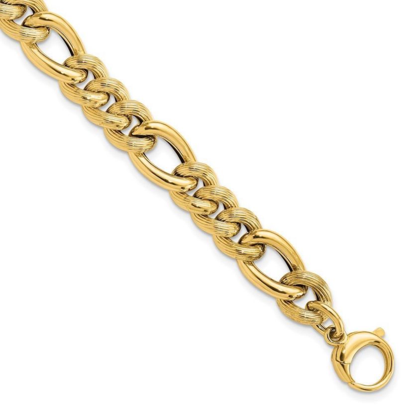 14K Yellow Gold Polished and Textured Hollow Fancy Link Bracelet