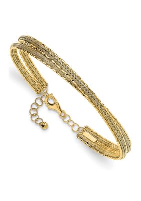 14K Yellow Gold Diamond-cut and Textured with Safety Chain Bangle