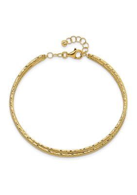 14K Yellow Gold Diamond-cut and Textured with Safety Chain Bangle