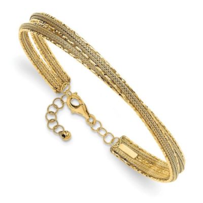 14K Yellow Gold Diamond-cut and Textured with Safety Chain Bangle