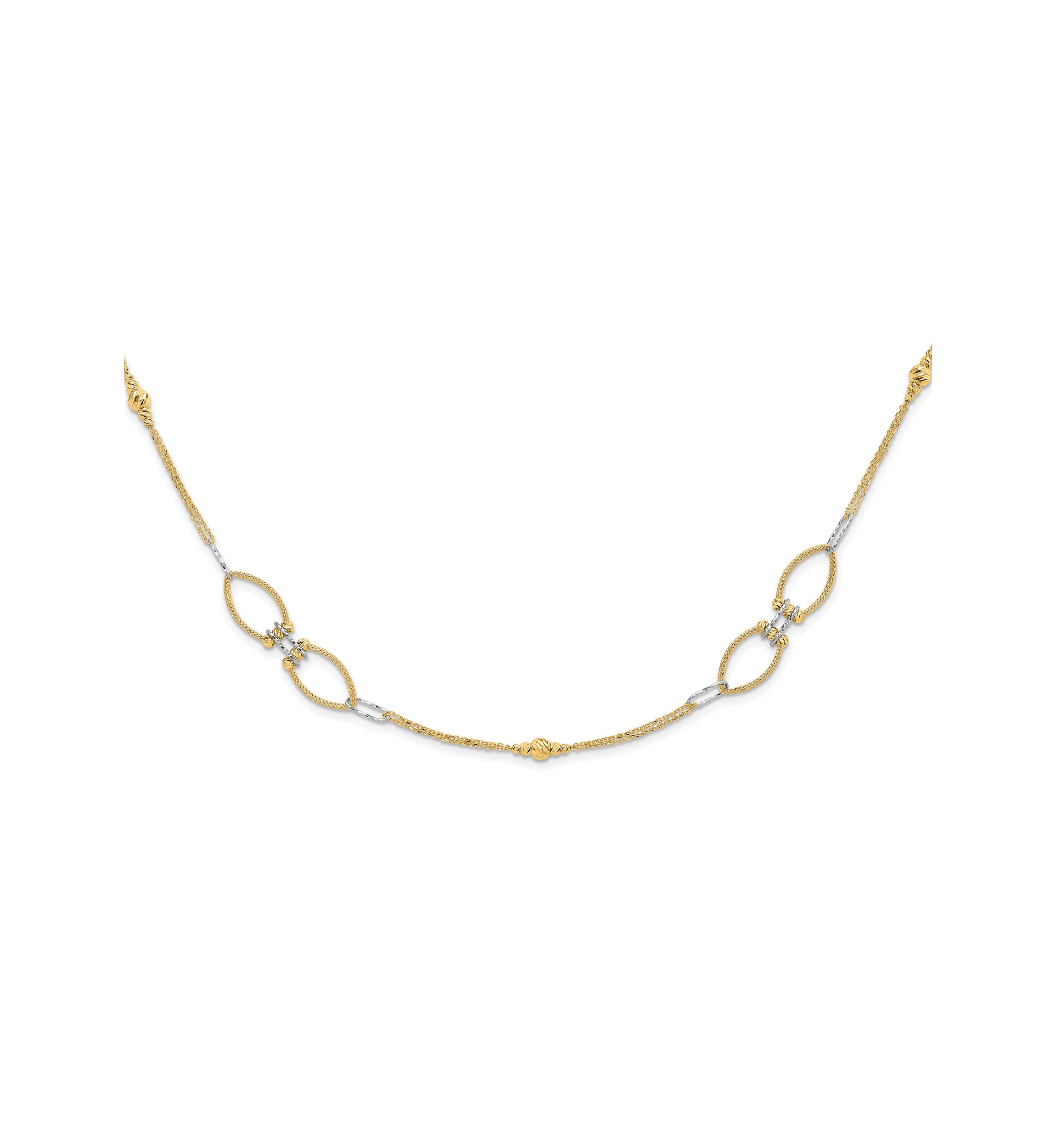 14K Two Tone Diamond Cut Beads Fancy Link with 1 Inch Extension Necklace
