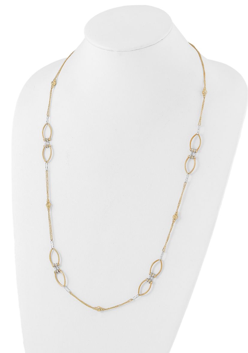 14K Two Tone Diamond Cut Beads Fancy Link with 1 Inch Extension Necklace