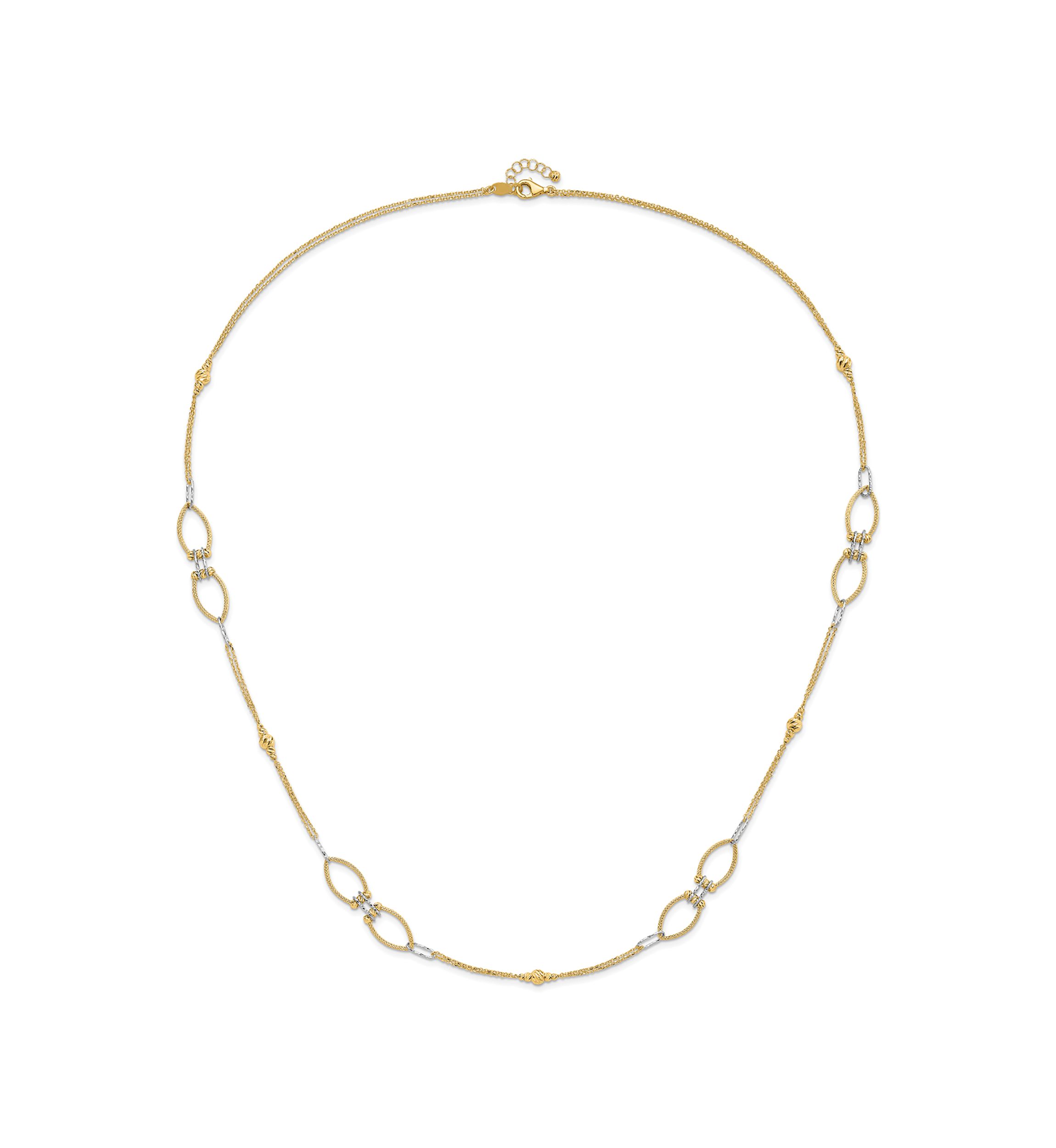 14K Two Tone Diamond Cut Beads Fancy Link with 1 Inch Extension Necklace