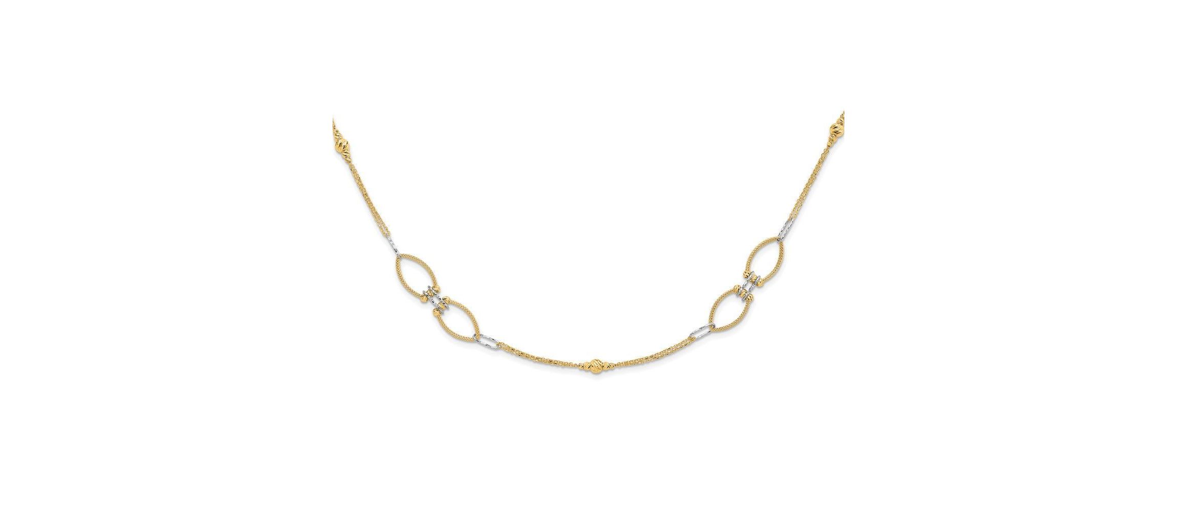 14K Two Tone Diamond Cut Beads Fancy Link with 1 Inch Extension Necklace
