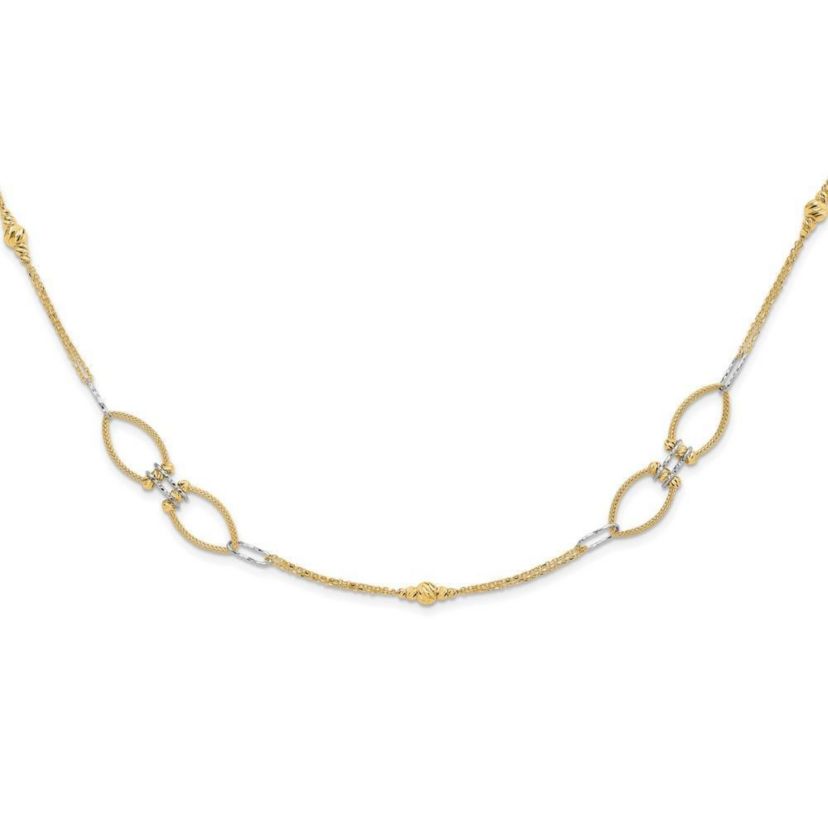 14K Two Tone Diamond Cut Beads Fancy Link with 1 Inch Extension Necklace