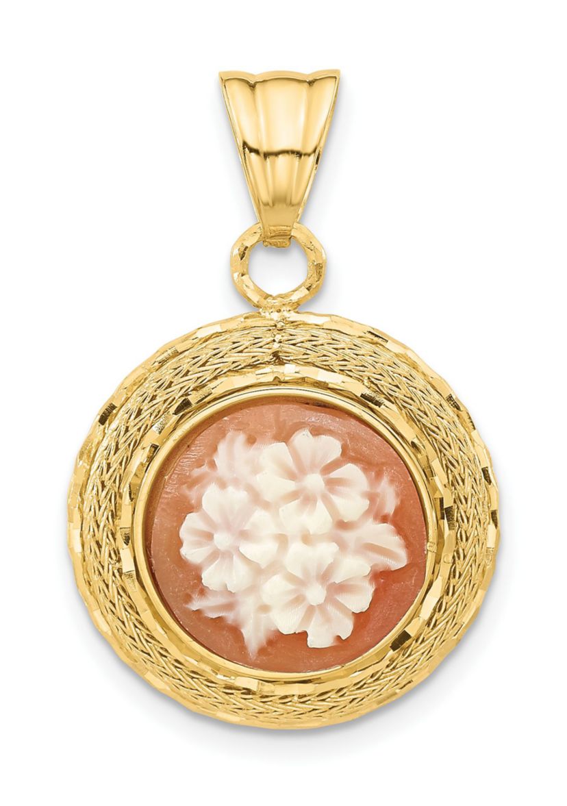 14K Yellow Gold Diamond Cut Natural Shell Floral Cameo Pendant