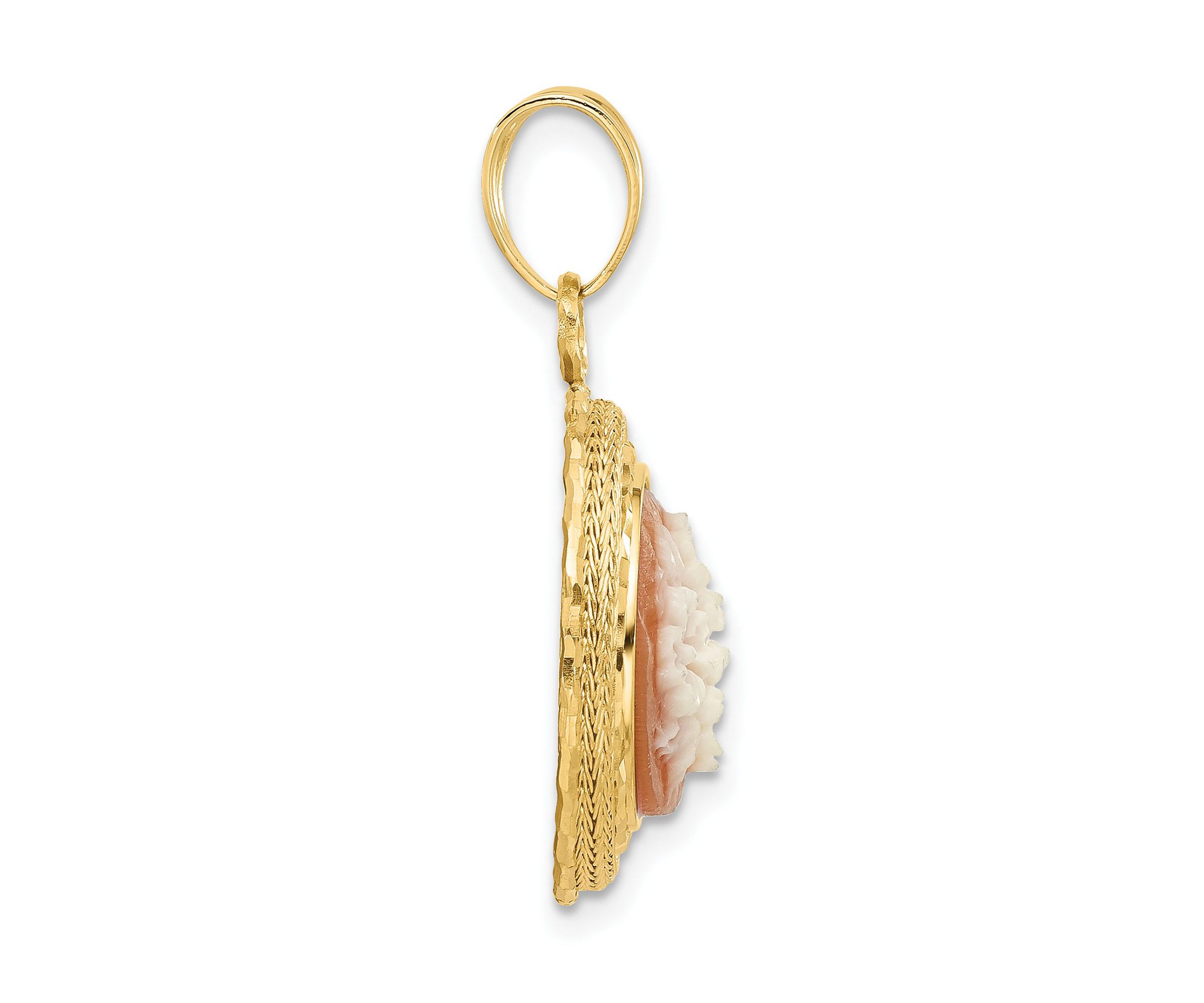 14K Yellow Gold Diamond Cut Natural Shell Floral Cameo Pendant