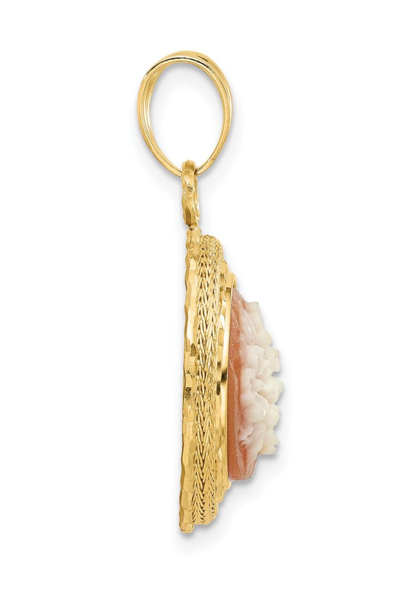 14K Yellow Gold Diamond Cut Natural Shell Floral Cameo Pendant