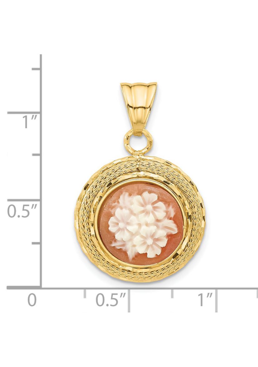 14K Yellow Gold Diamond Cut Natural Shell Floral Cameo Pendant