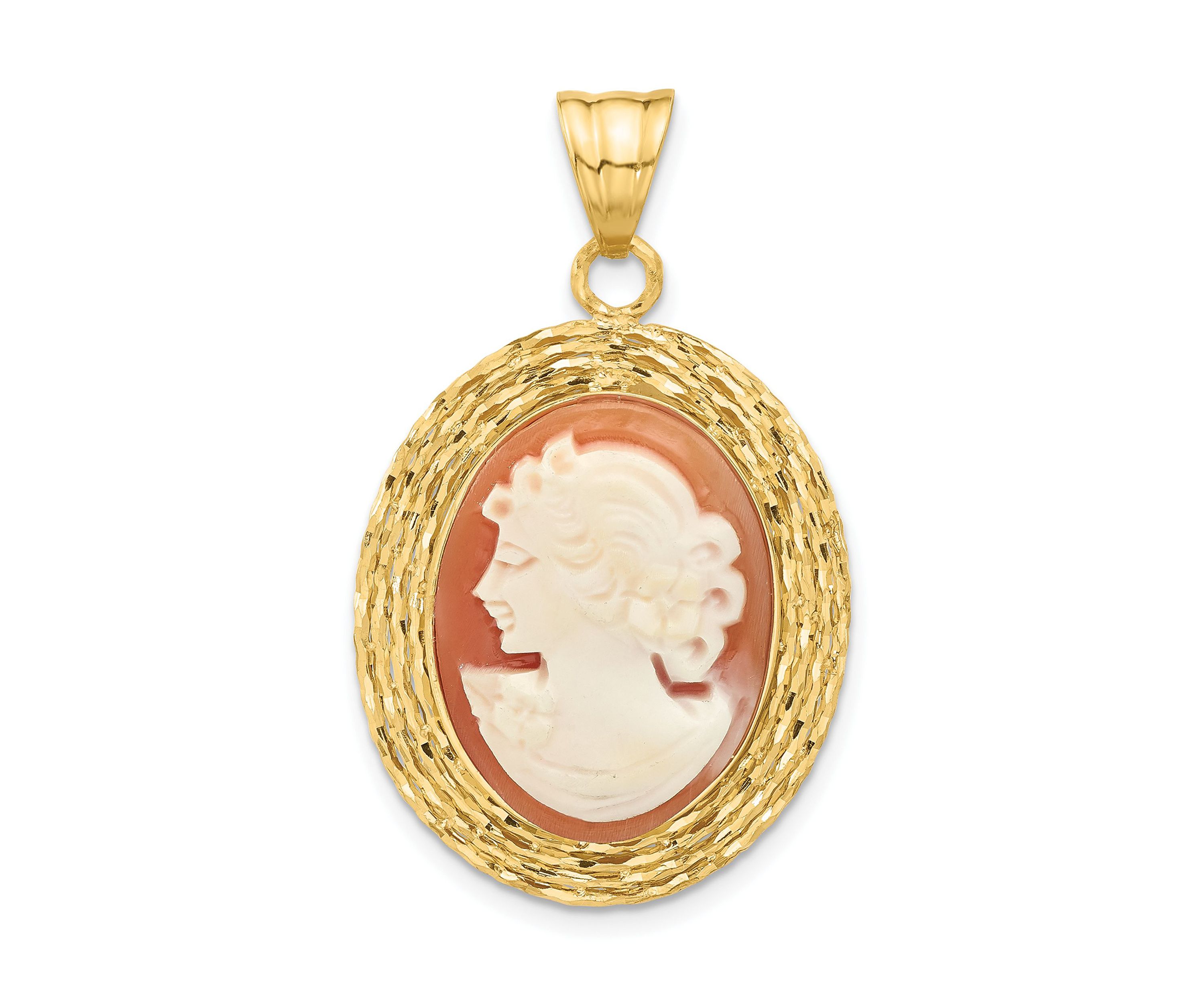 14K Yellow Gold Diamond Cut Natural Shell Portrait Cameo Pendant