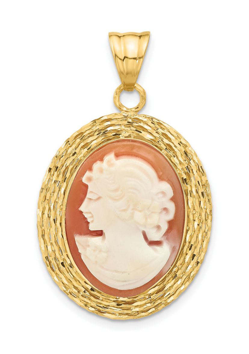 14K Yellow Gold Diamond Cut Natural Shell Portrait Cameo Pendant