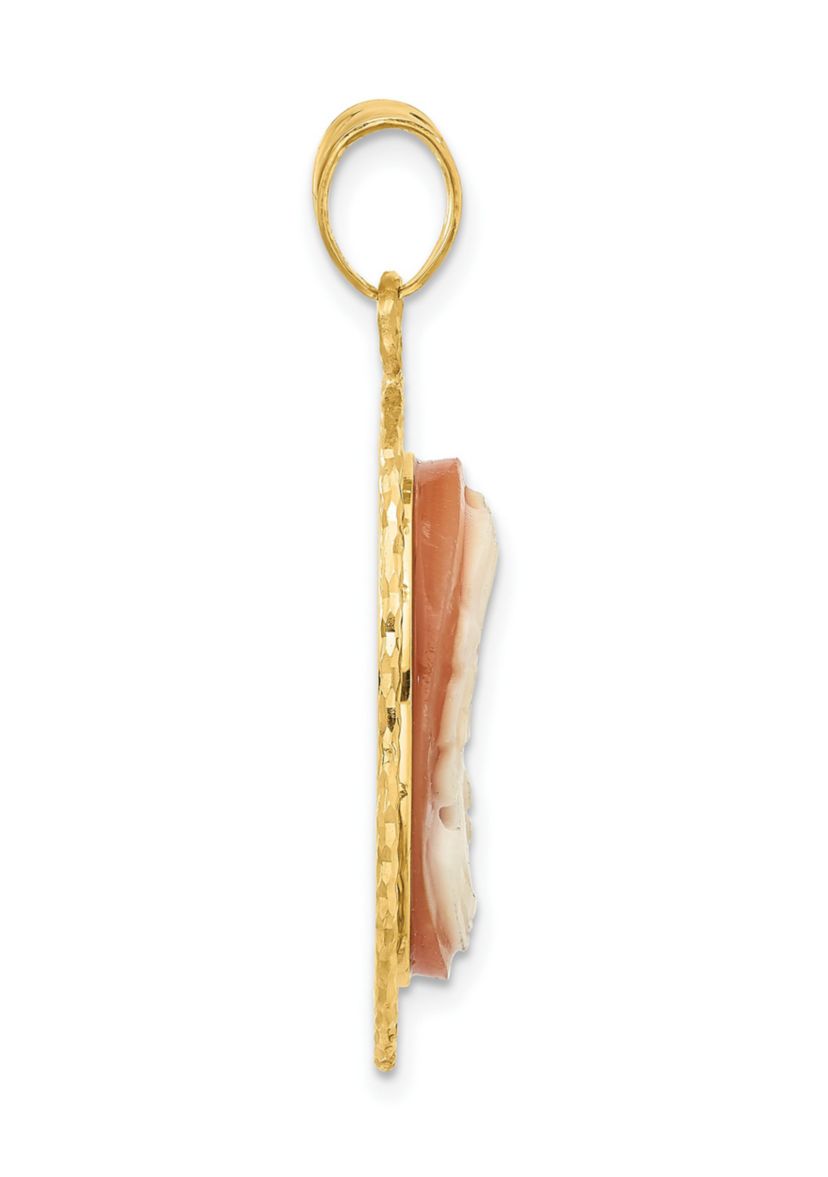 14K Yellow Gold Diamond Cut Natural Shell Portrait Cameo Pendant