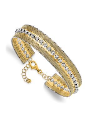 14K Two-tone Diamond-cut and Textured with Safety Chain Bangle