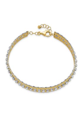 14K Two-tone Diamond-cut and Textured with Safety Chain Bangle