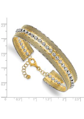 14K Two-tone Diamond-cut and Textured with Safety Chain Bangle