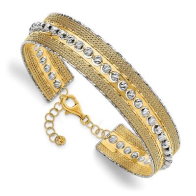 14K Two-tone Diamond-cut and Textured with Safety Chain Bangle