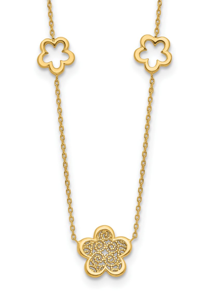 14K Yellow Gold Polished and Filigree Flower Stations with 1 Inch Extension Necklace