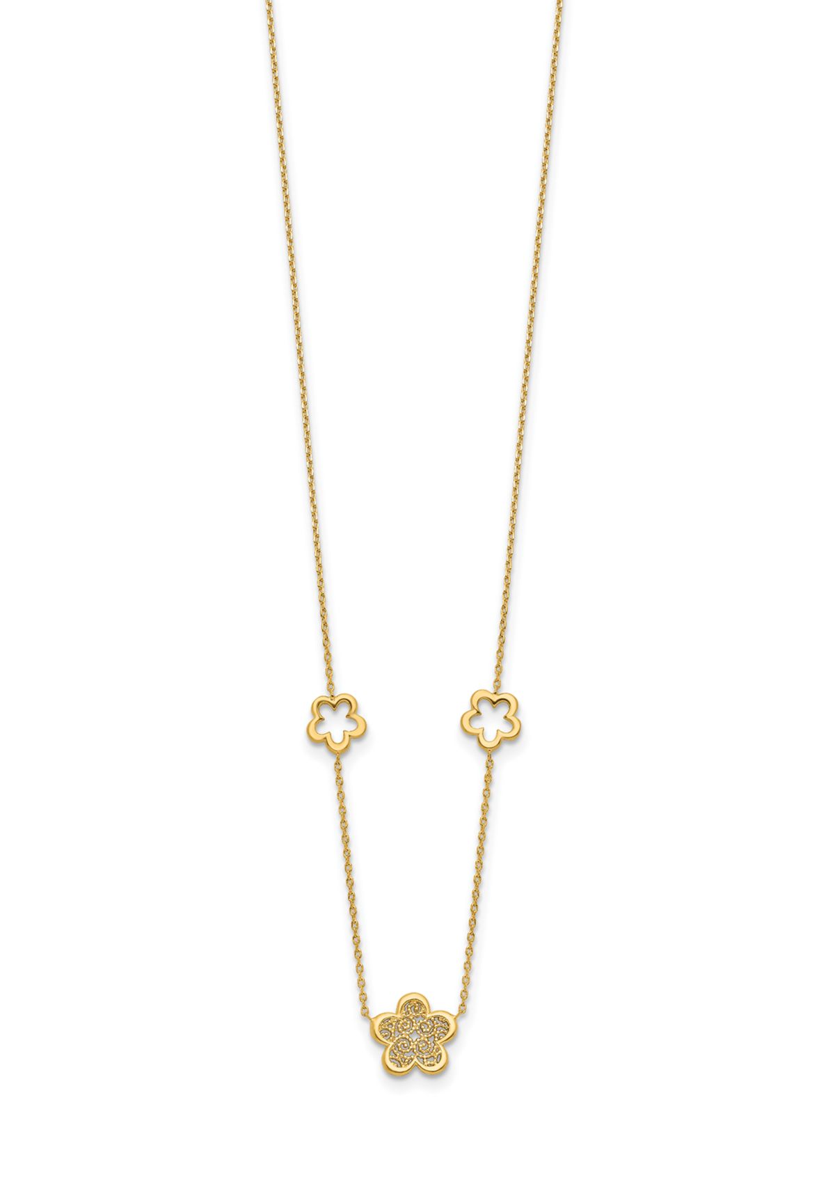 14K Yellow Gold Polished and Filigree Flower Stations with 1 Inch Extension Necklace