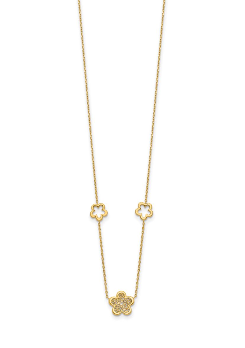 14K Yellow Gold Polished and Filigree Flower Stations with 1 Inch Extension Necklace