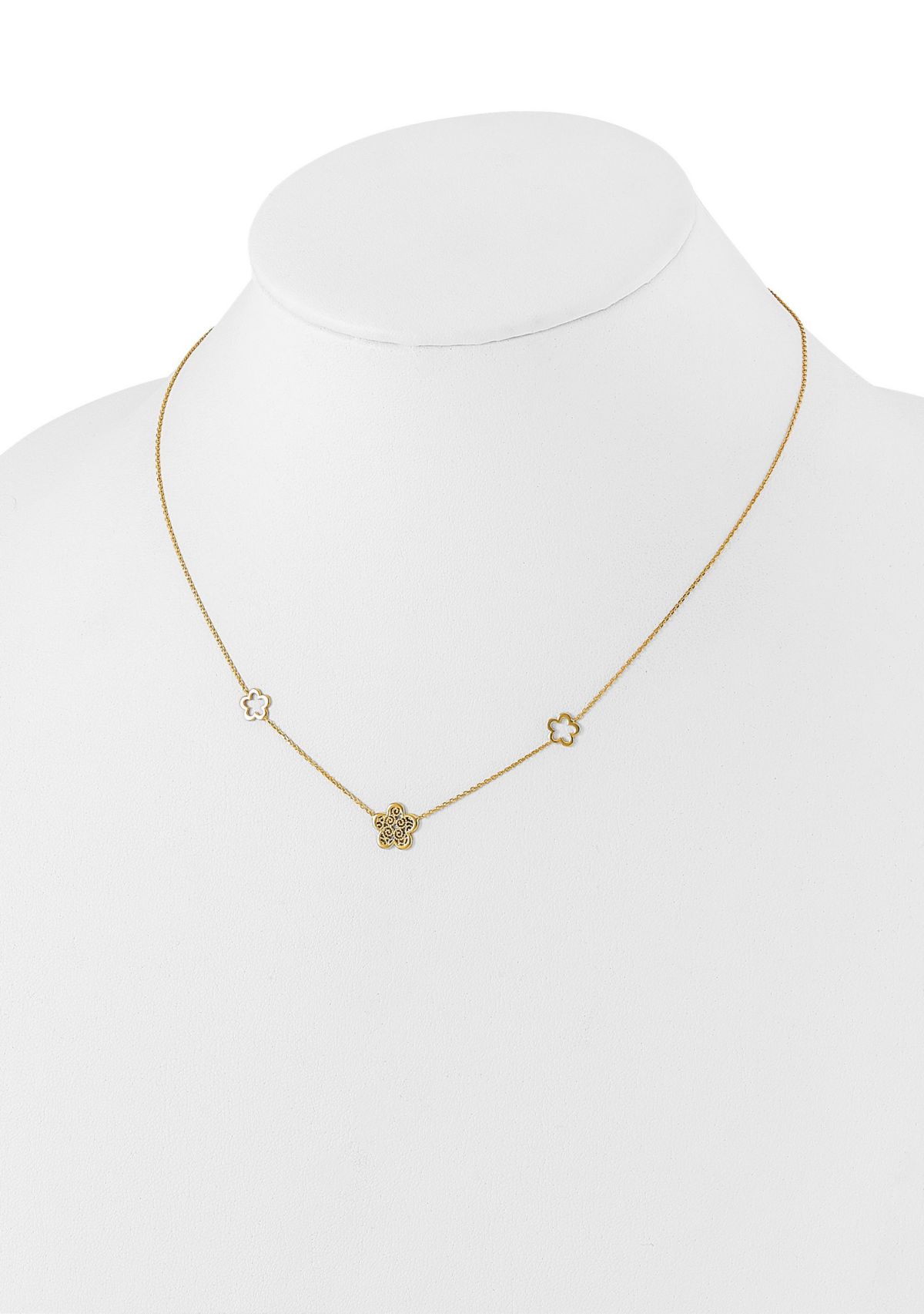 14K Yellow Gold Polished and Filigree Flower Stations with 1 Inch Extension Necklace